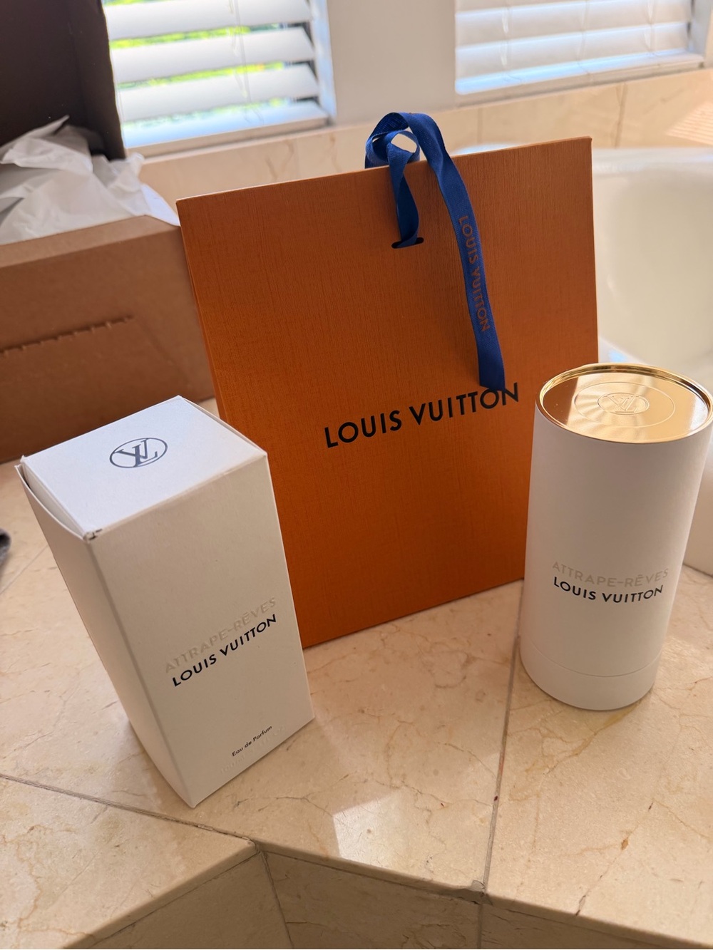 Louis Vuitton Attrape-Reves perfume box, container and Bag with ribbon